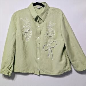 Vintage Linen Blend Jennifer Eden Sz. 12 Green Embroidered Jacket With Cutout